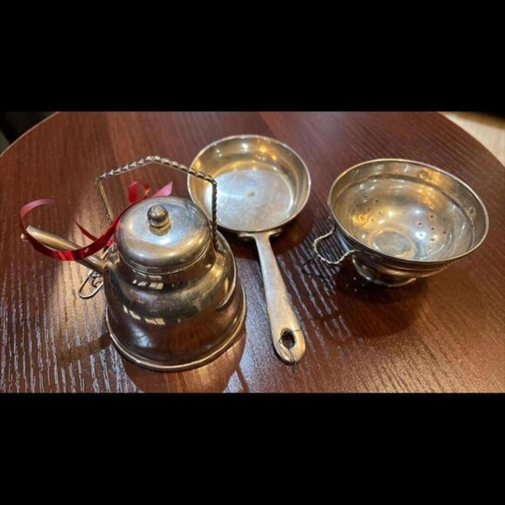 Vintage Silver Plated Tea Pot Sauce Pan & Colander Ornaments
